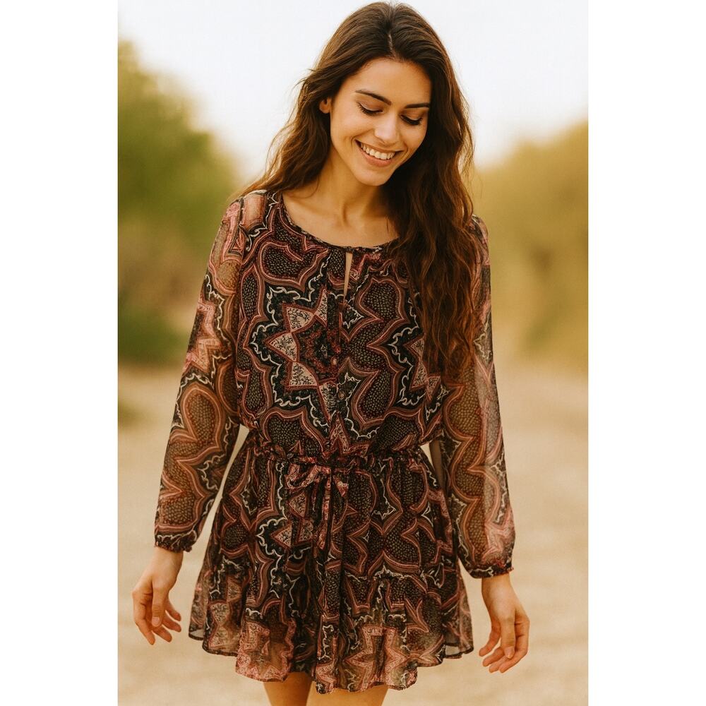 Gypsy05 Silk Long Sleeve Mini Dress XS Red Black Sheer Boho Brunch Party